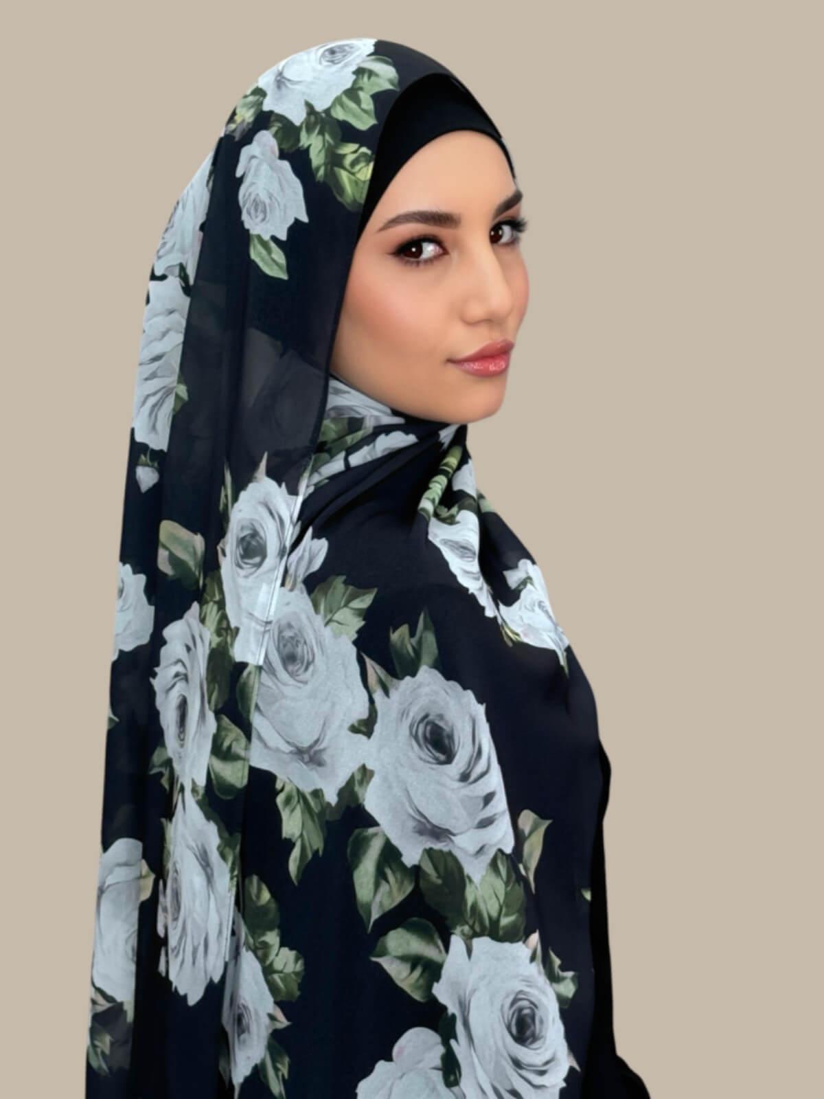 Printed Chiffon Hijab-Frosted Rosette