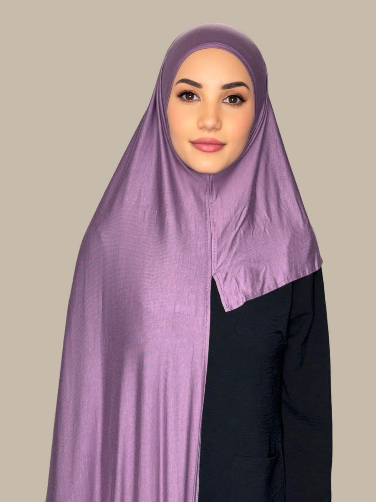 Mauve Taupe Pre-Sewn Jersey Hijab front view on model showing full coverage and smooth drape on both sides