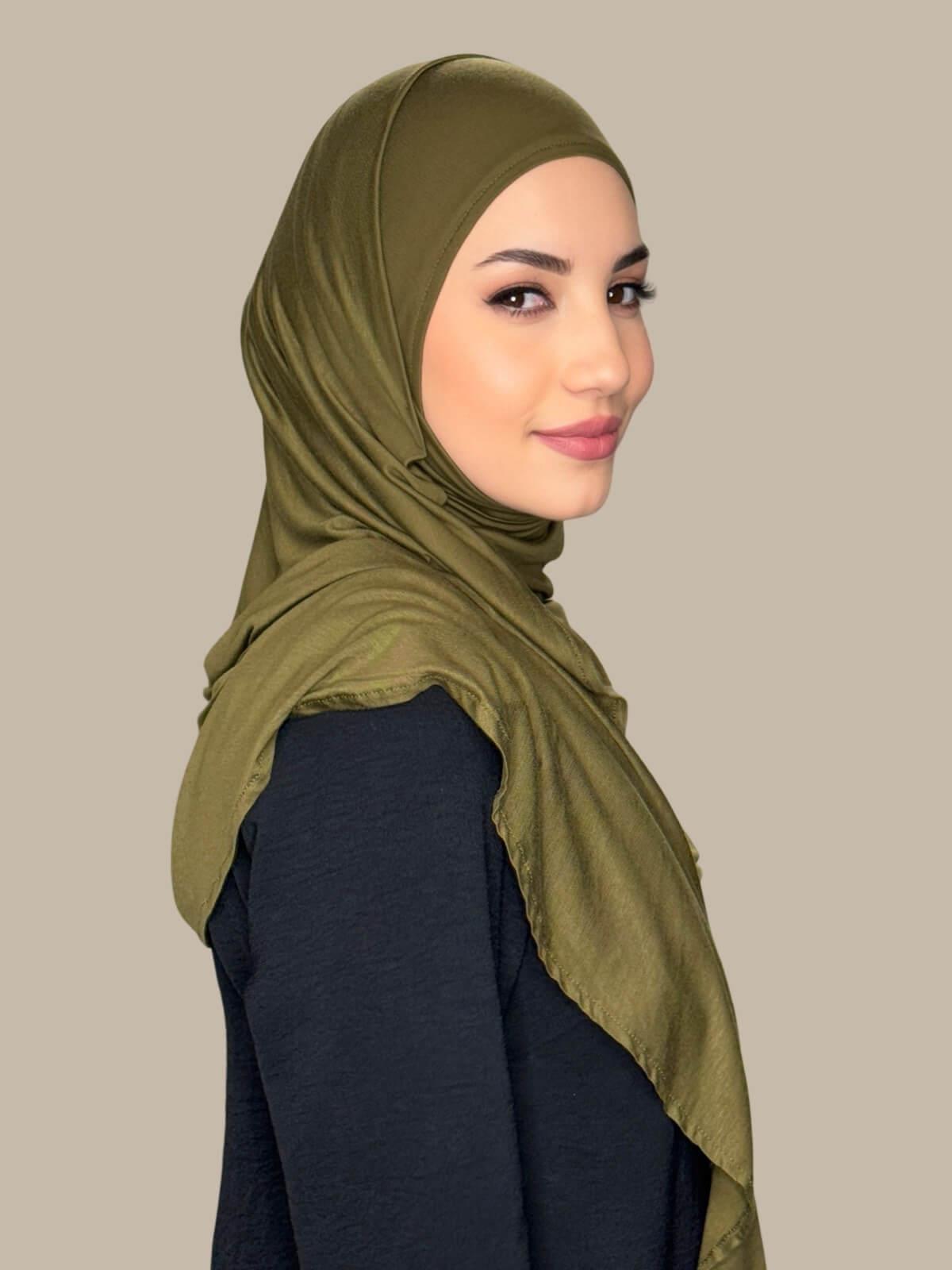 Olive Green Pre-Sewn Jersey Hijab, side view on model