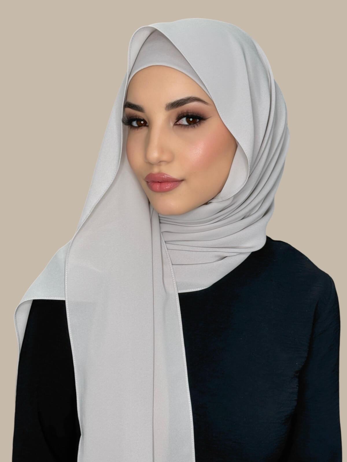 Misty Lilac Matching Chiffon Hijab Set on model,front view showing lightweight drape and smooth layered wrap with elegant finish