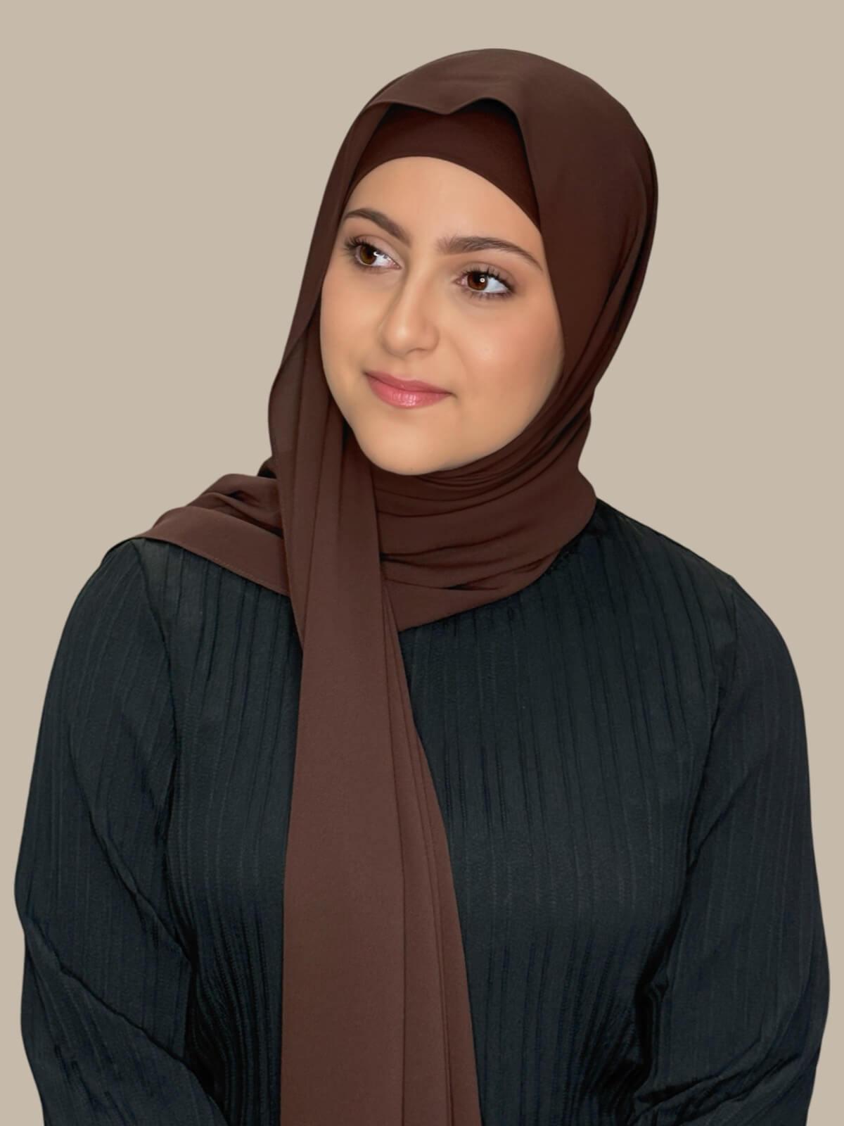 Umber Matching Chiffon Hijab Set in modish girl size on model, front view showing lightweight drape and smooth layered wrap with elegant finish.