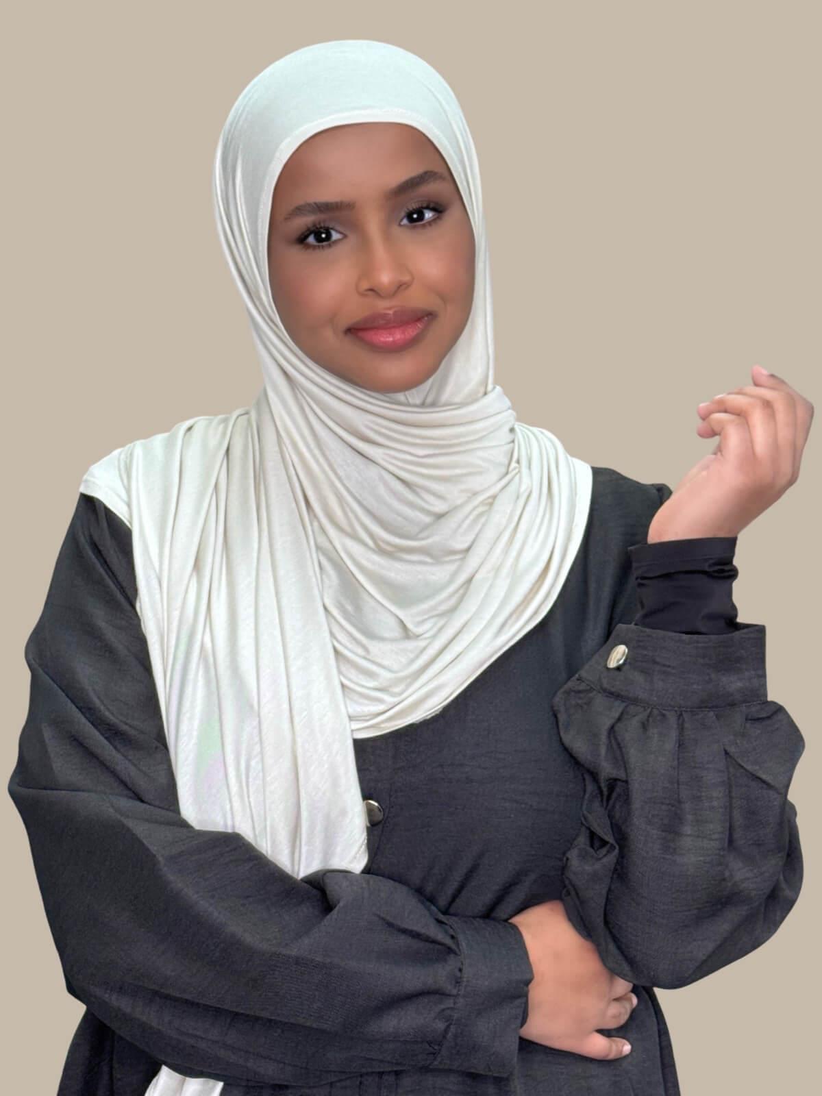 Ivory Pre-Sewn Jersey Hijab, no pins, easy to slip on.
