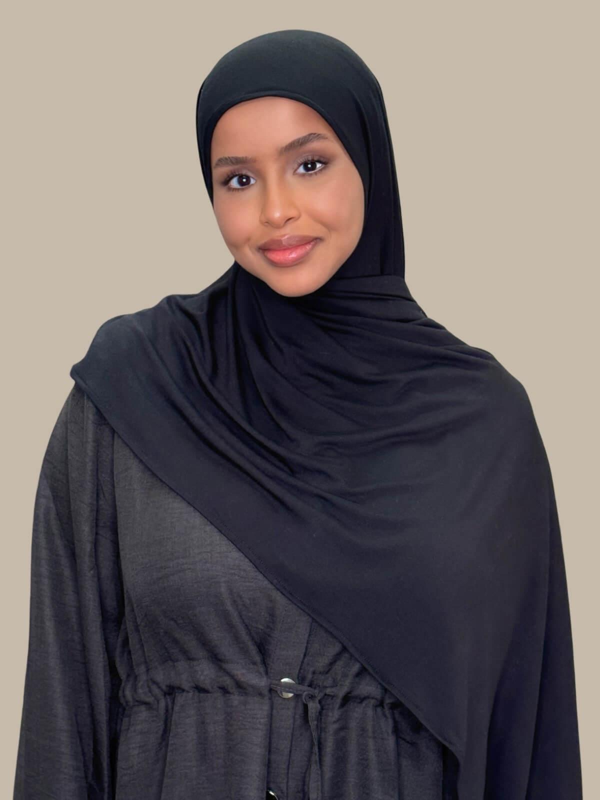 Black Pre-Sewn Jersey Hijab – slip-on, no pins required