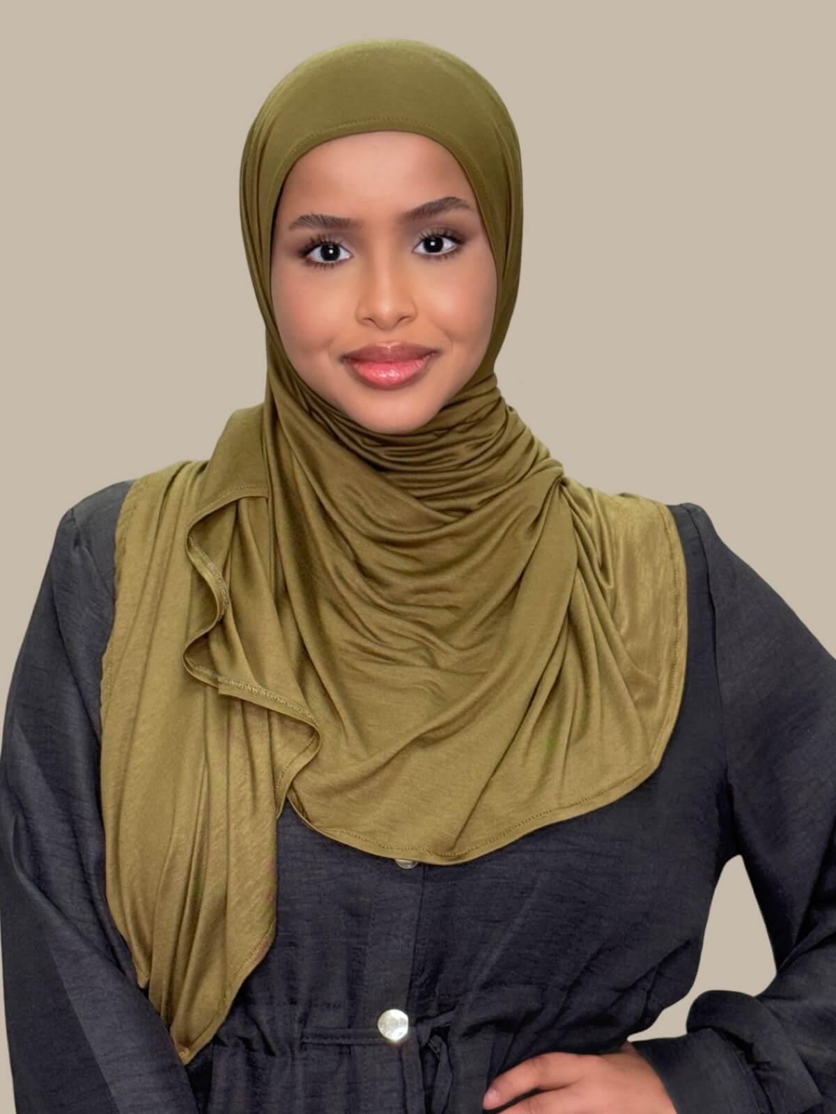 Olive Green Pre-Sewn Jersey Hijab, front view on model, no pins effortless style