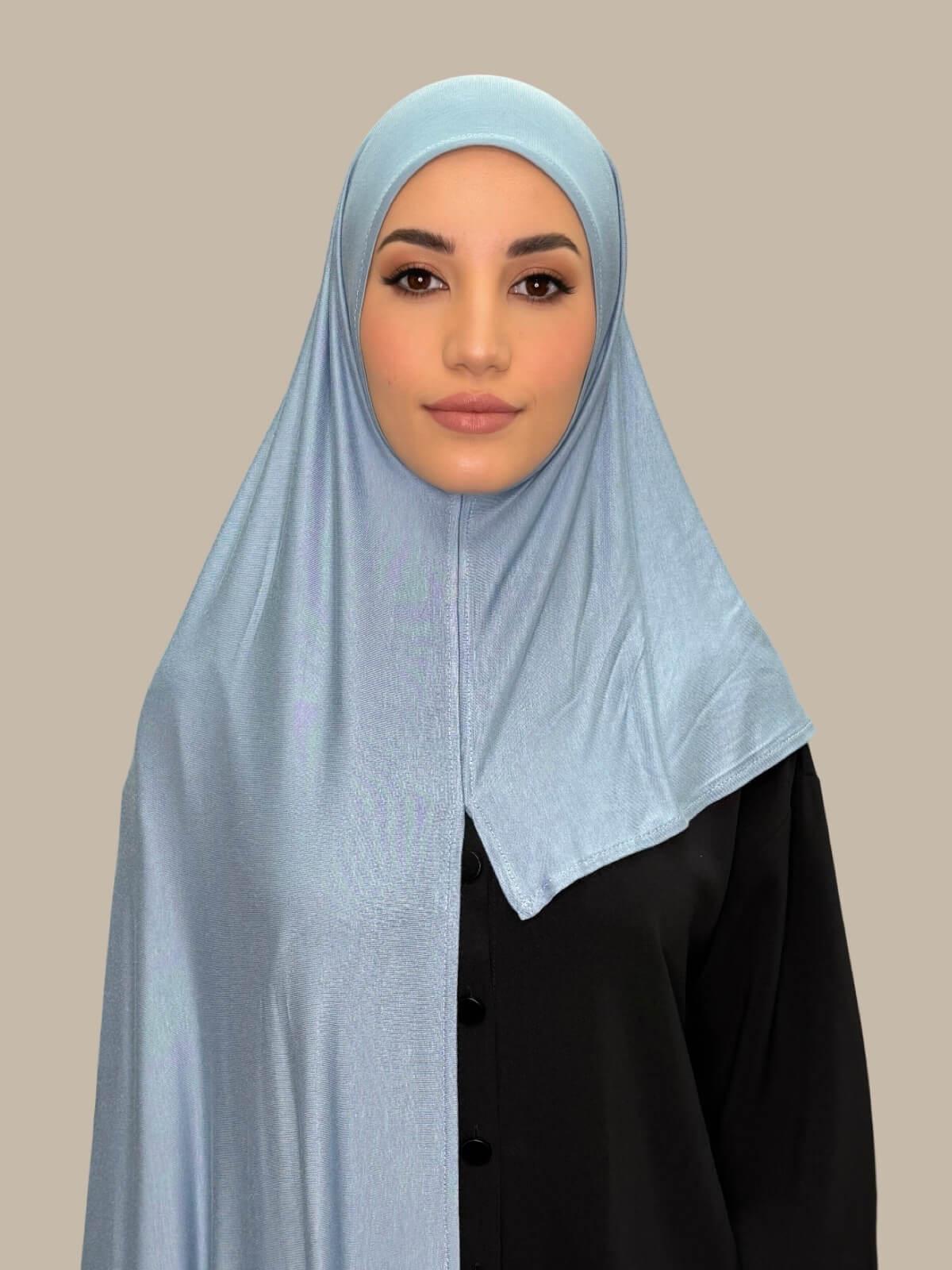 Dusty Blue Pre-Sewn Jersey Hijab front view on model showing full coverage and smooth drape on both sides