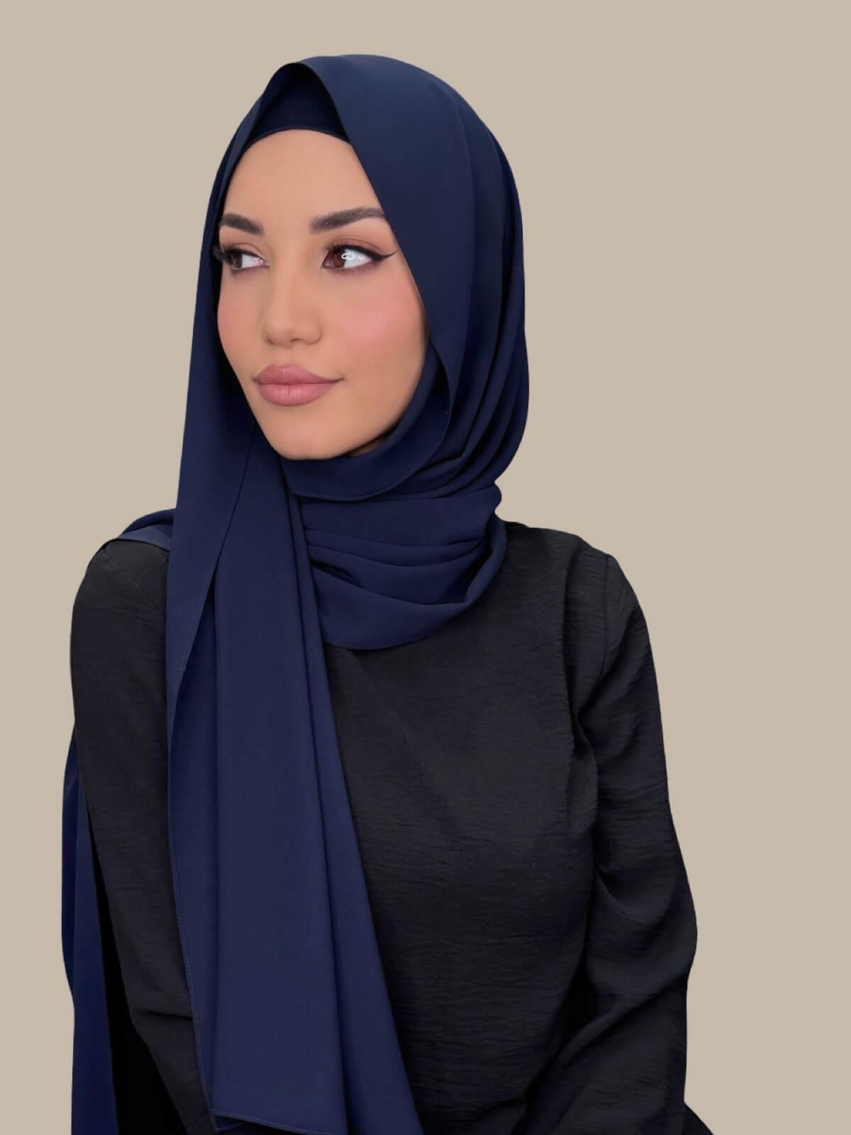 Dark Slate Matching Chiffon Hijab Set on model, side view showing lightweight drape and smooth layered wrap with elegant finish.