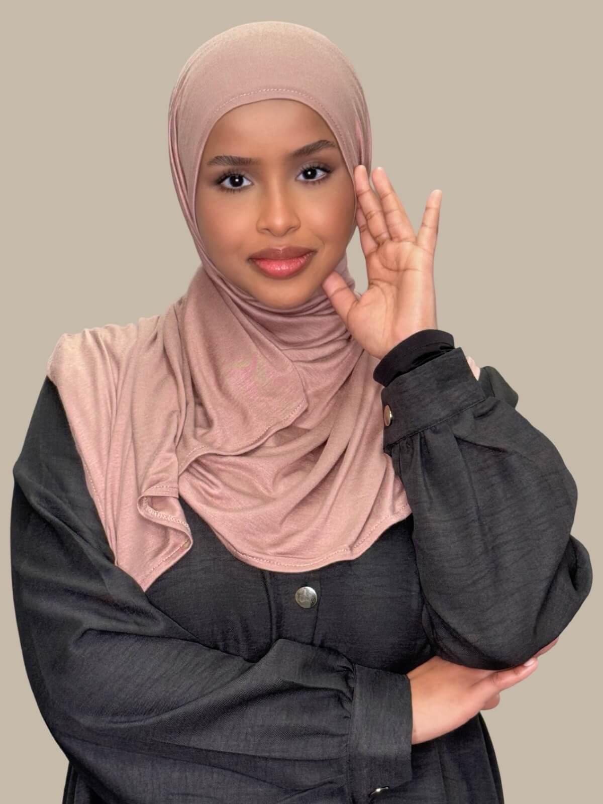 Pale Taupe Pre-Sewn Jersey Hijab, front view on model. easy to wear