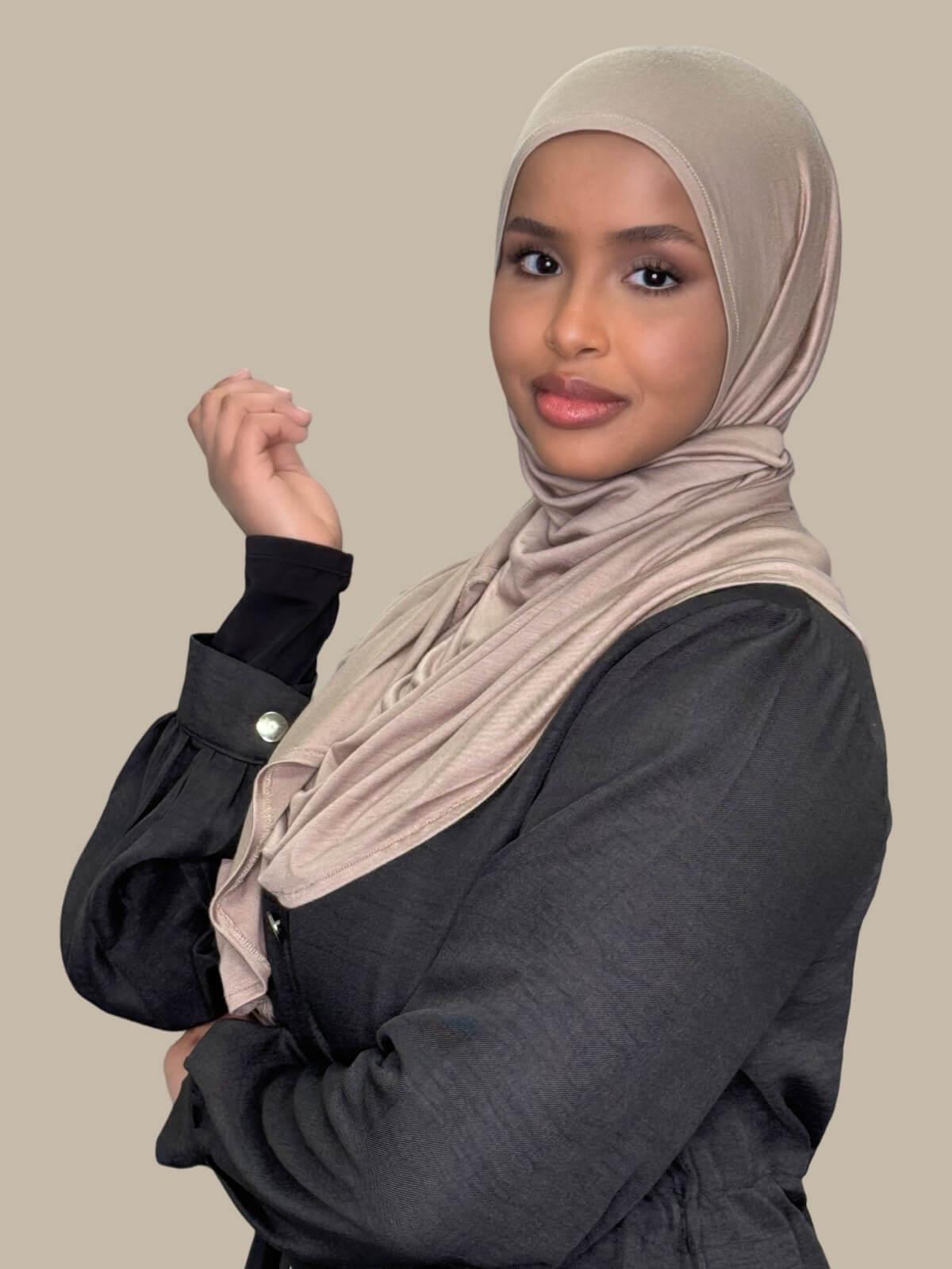 Desert Pre-Sewn Jersey Hijab, side view on model, no pins 