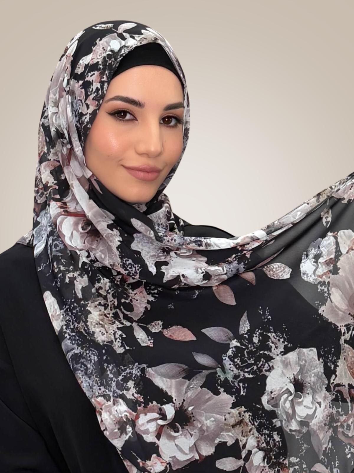 Printed Chiffon Hijab-Fleurette Slate II