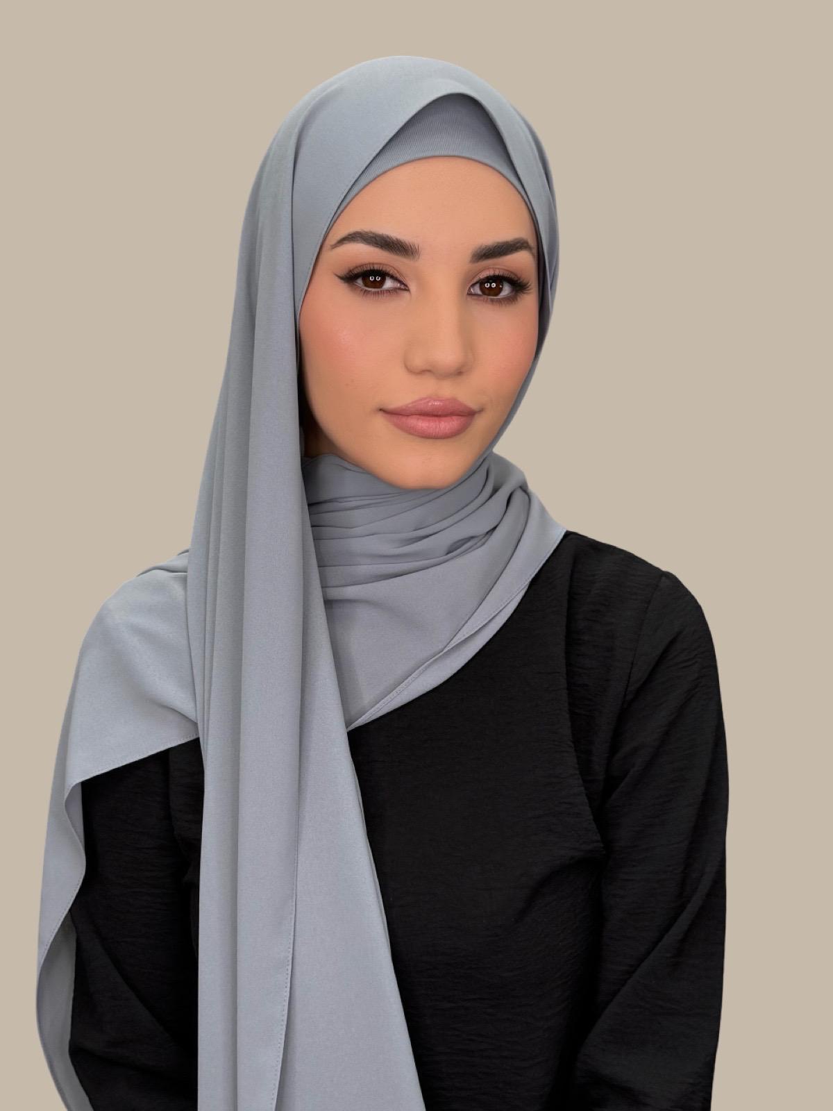 Slate Grey Matching Chiffon Hijab Set on model, front view showing lightweight drape and smooth layered wrap with elegant finish.