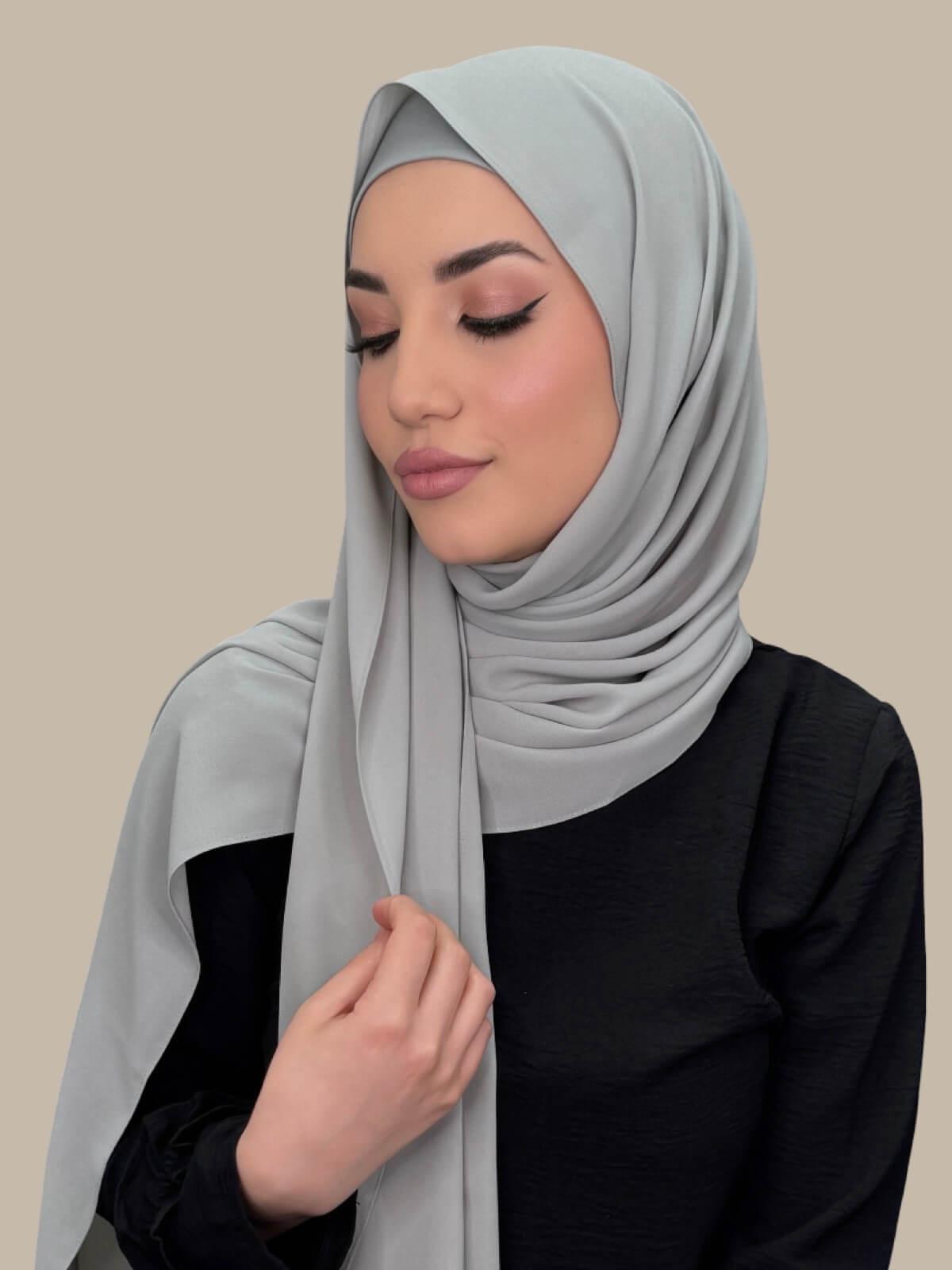 Soft Sage Matching Chiffon Hijab Set on model, side view showing lightweight drape over one shoulder
