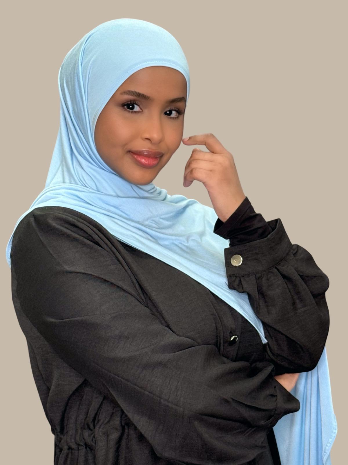 Baby Blue Pre-Sewn Jersey Hijab side view on model draped over shoulder