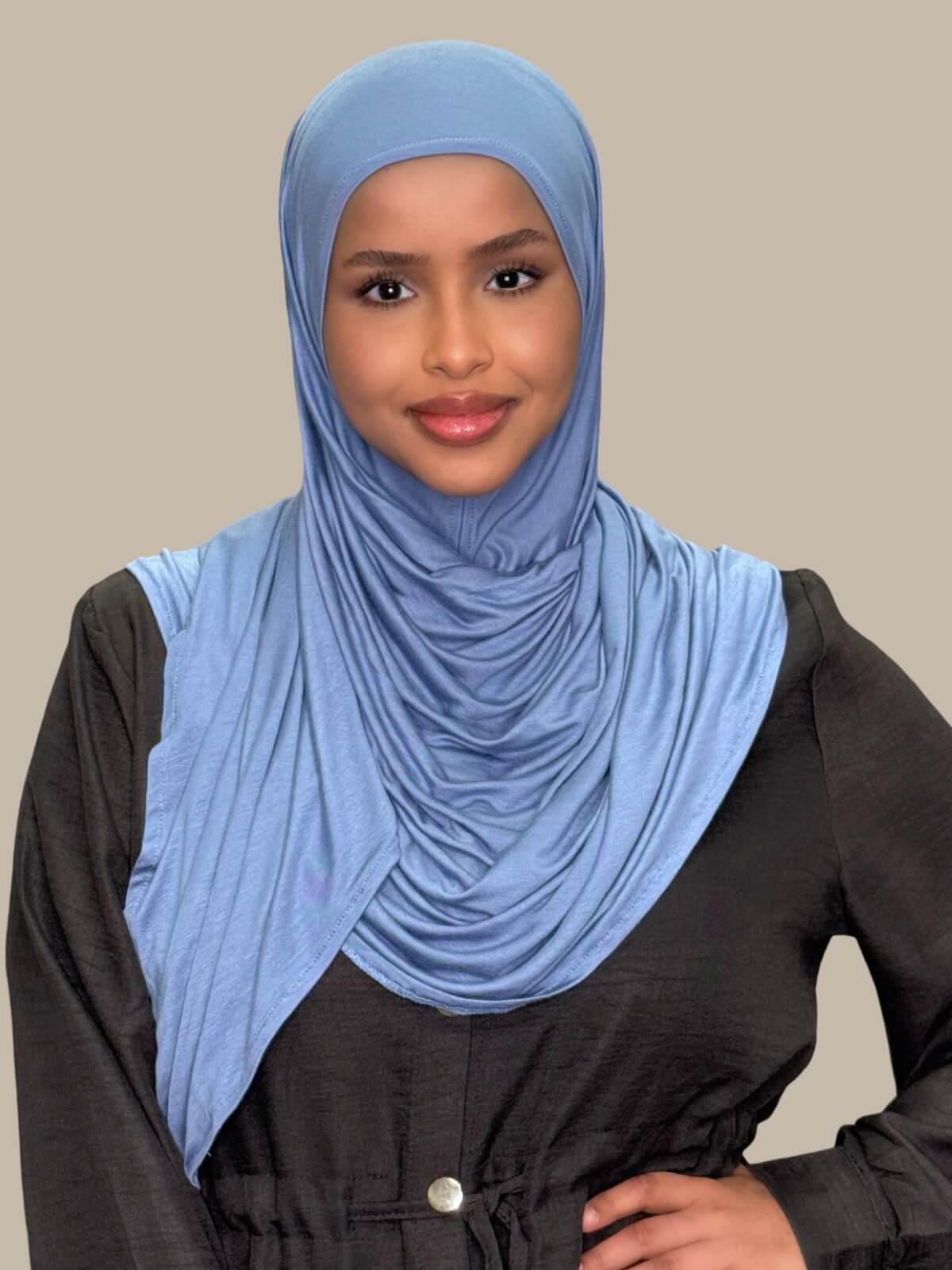 Blue Grey Pre-Sewn Jersey Hijab, front view on model, no pins 