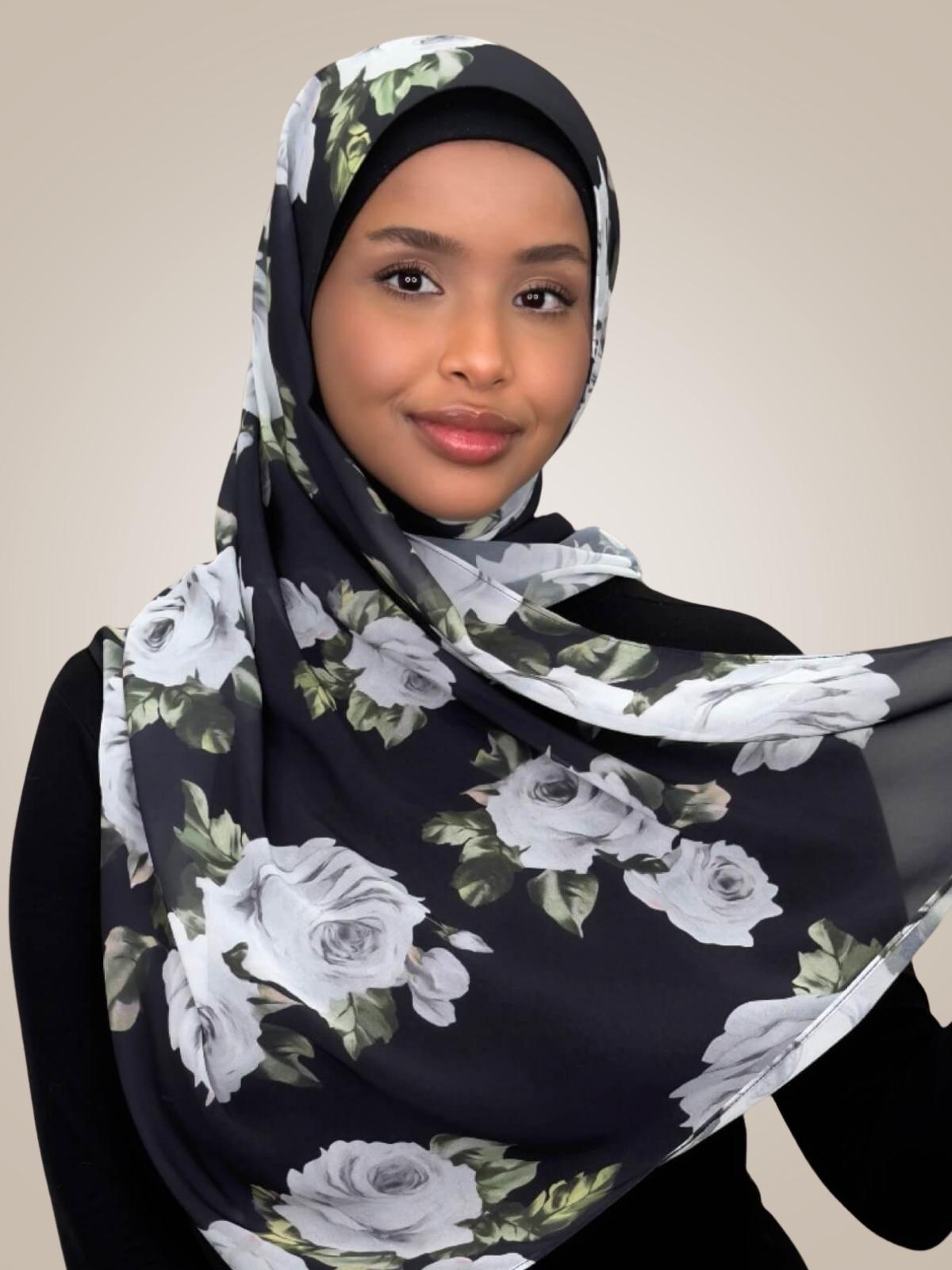 Printed Chiffon Hijab-Frosted Rosette