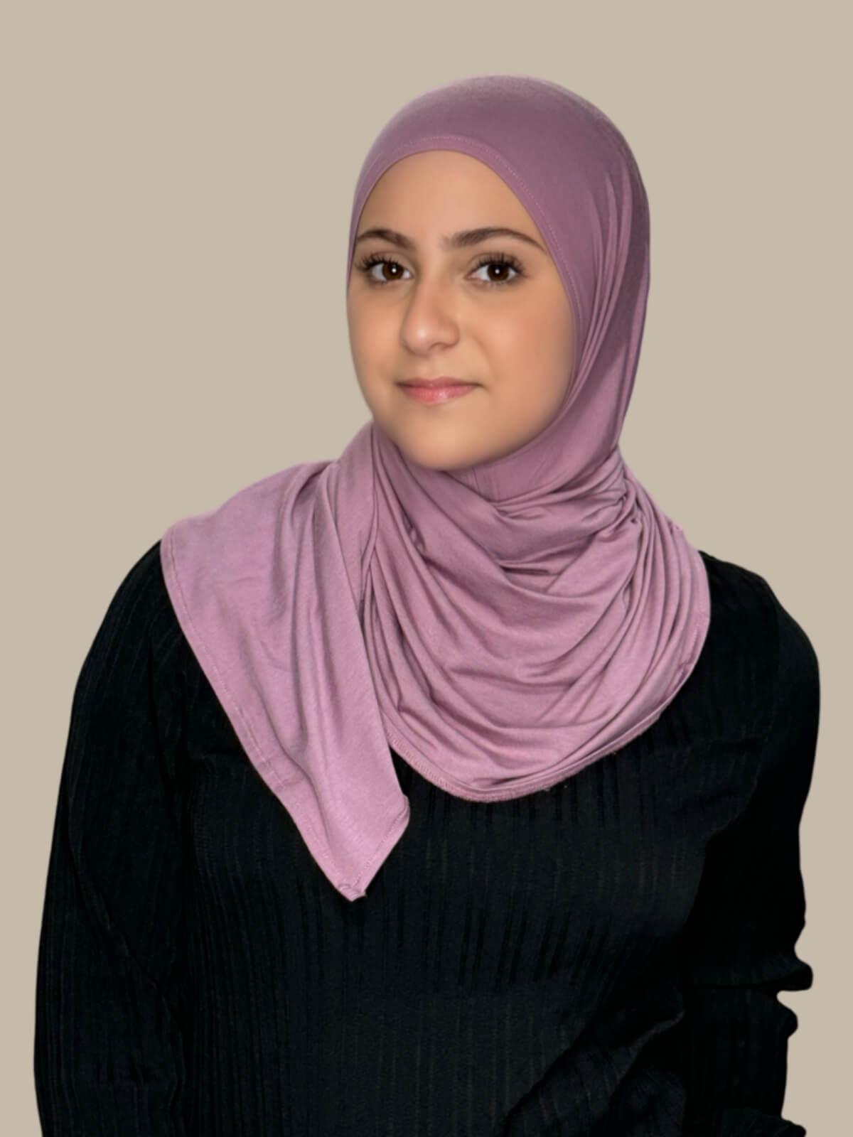 Khaki Rose Pre-Sewn Jersey Hijab in Modish Girl size, front view on model with hijab wrapped neatly around shoulders showing smooth fit and soft stretch fabric.