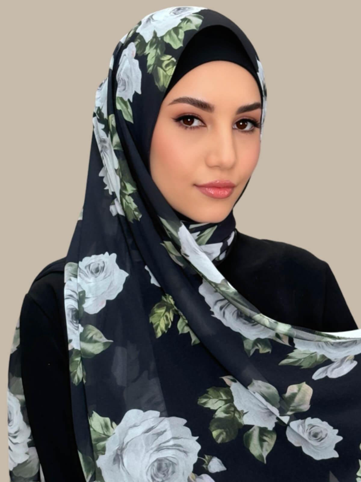 Printed Chiffon Hijab-Frosted Rosette