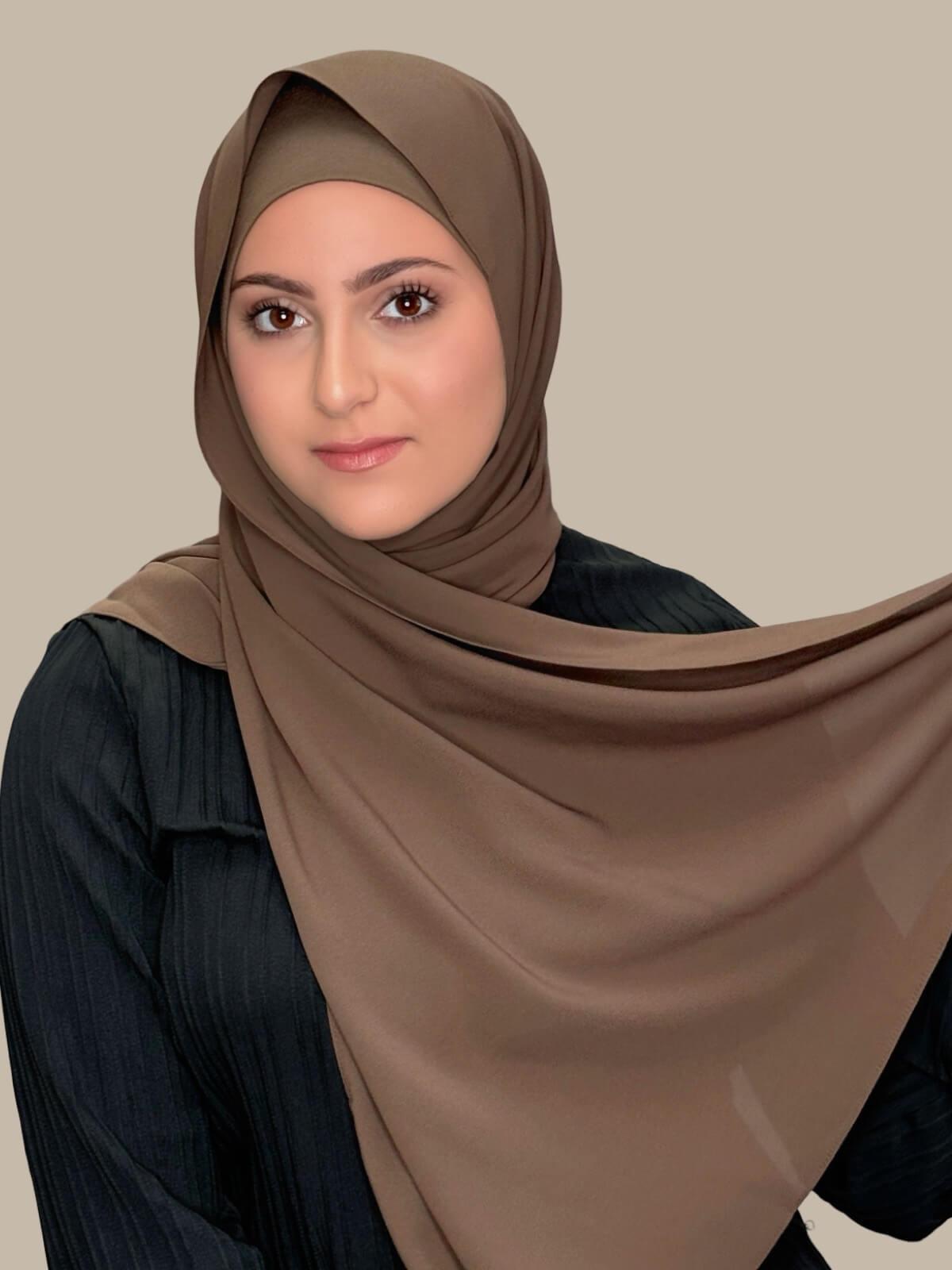 Swiss Brown Matching Chiffon Hijab Set in modish girl size on model, side view showing lightweight drape with full opacity of hijab
