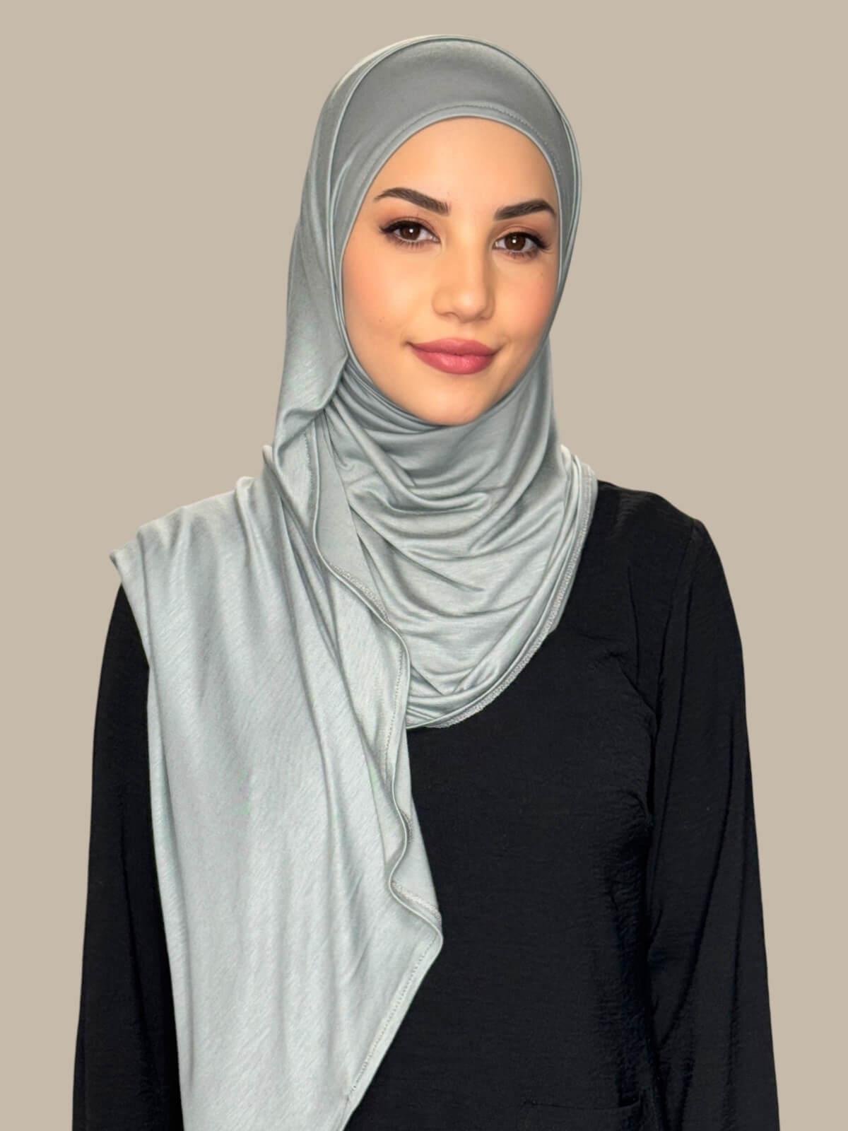 Stone Green Pre-Sewn Jersey Hijab, front view on model