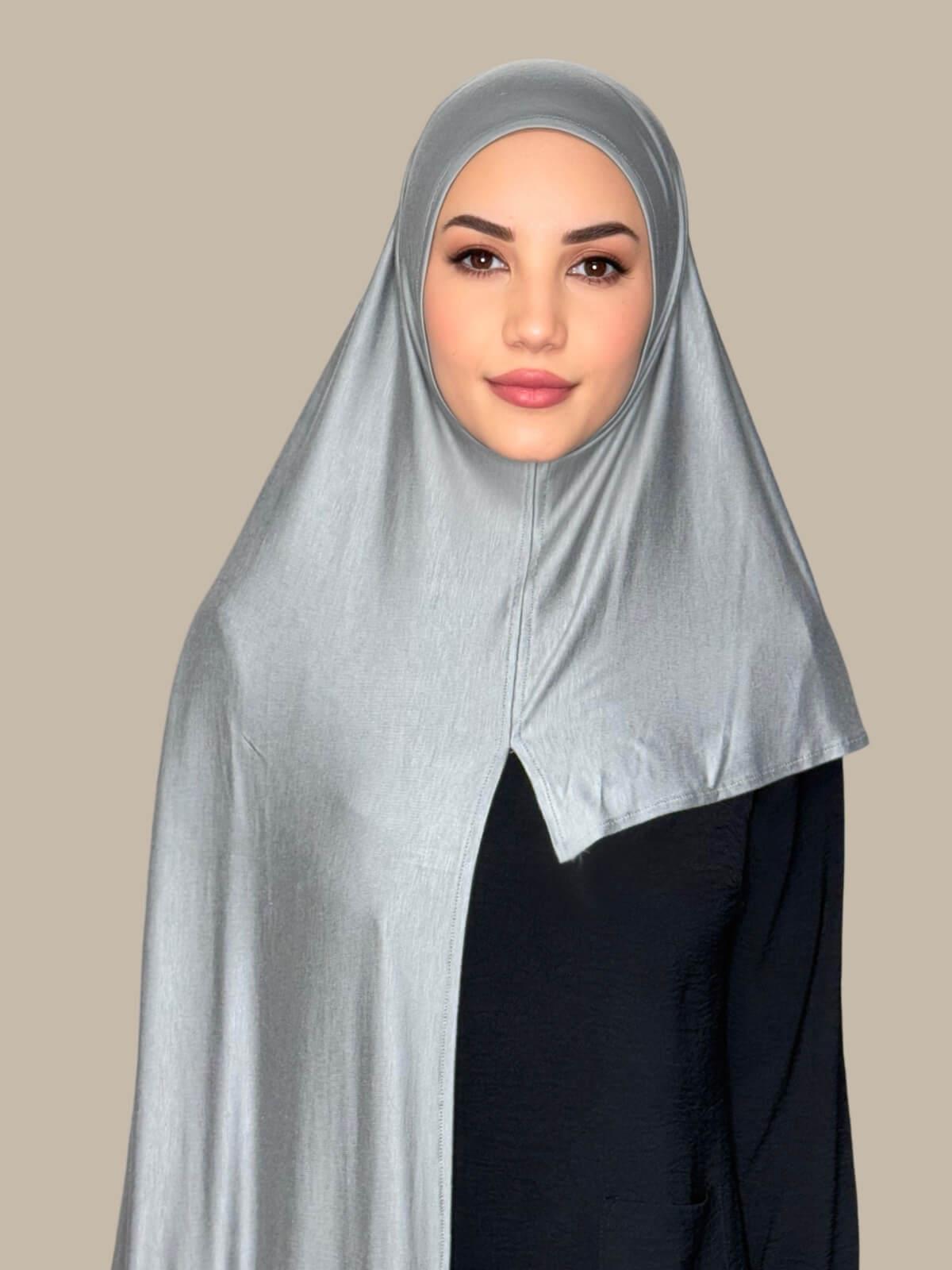 Chic Grey Pre-Sewn Jersey Hijab front view on model showing full coverage and smooth drape on both sides.