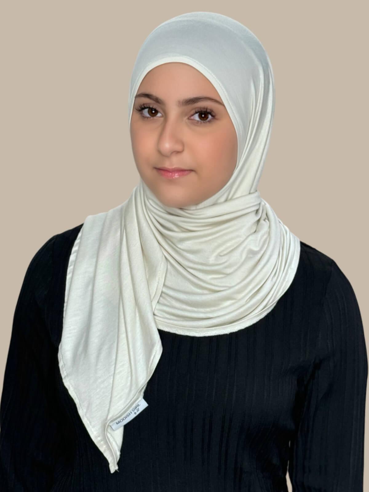 Ivory Pre-Sewn Jersey Hijab in Modish Girl size, front view on model, no pins effortless to style