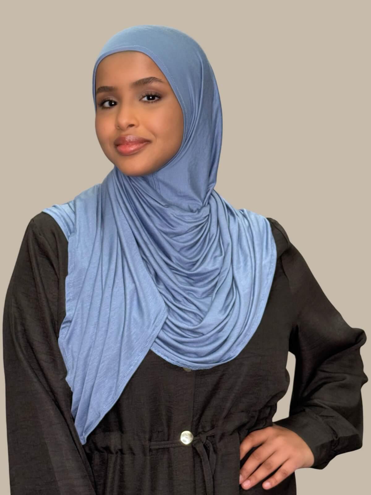 Blue Grey Pre-Sewn Jersey Hijab, front view on model, no pins effortless to wear