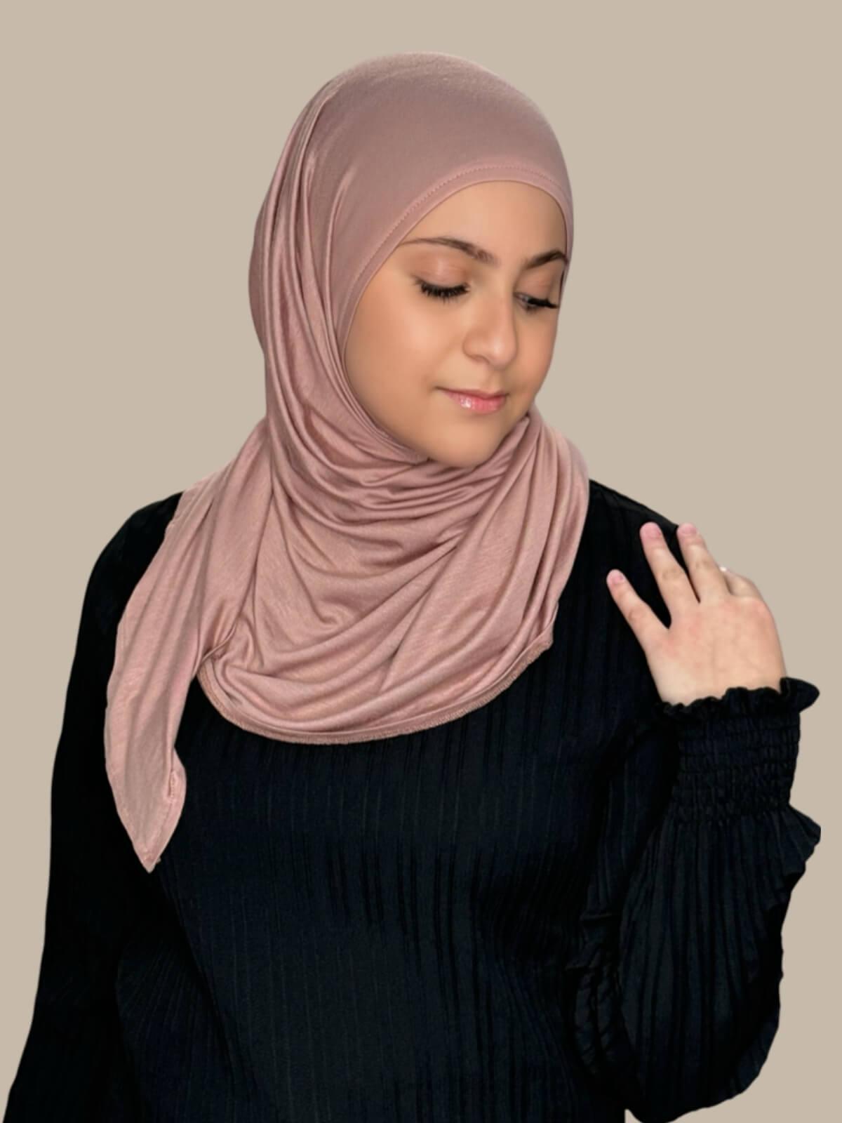 Dusty Rose Pre-Sewn Jersey Hijab in Modish Girl Size on front view on model, no pins effortless to wear.