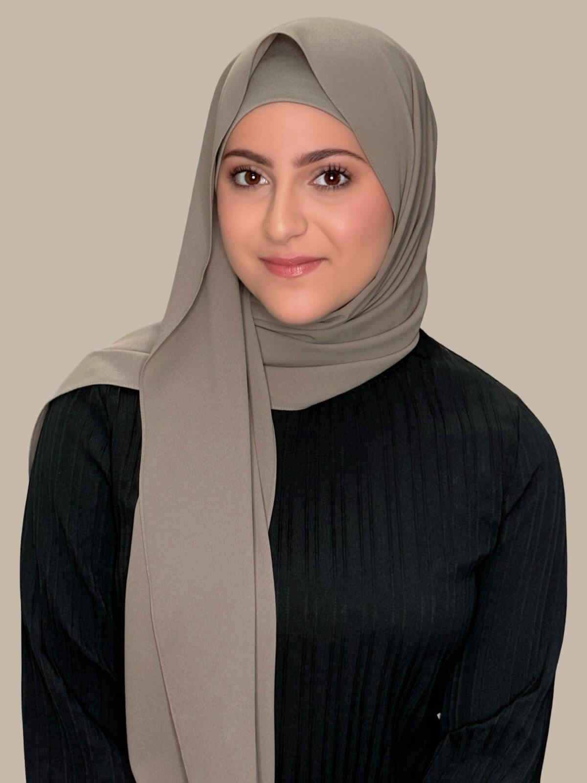 Truffle Matching Chiffon Hijab Set in modish girl size on model, front view showing lightweight drape and smooth layered wrap with elegant finish.